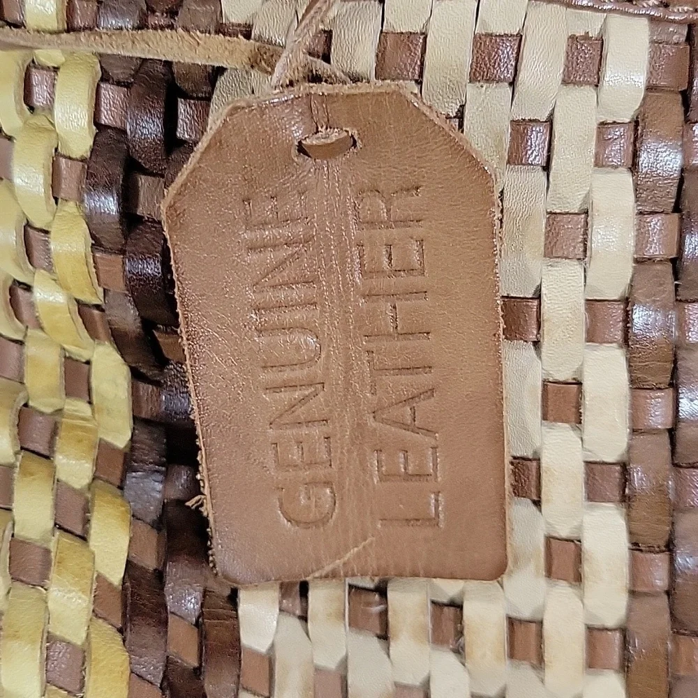 Made in India Brown and Yellow Woven Leather Tote Crossbody Bag